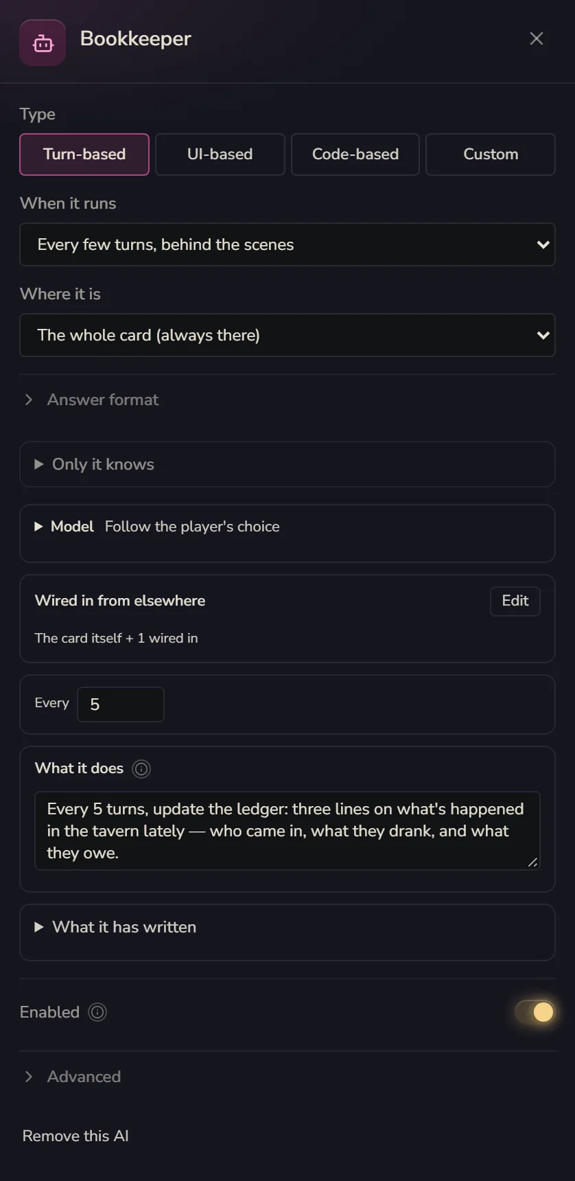 The Bookkeeper's settings: Turn-based, every few turns behind the scenes