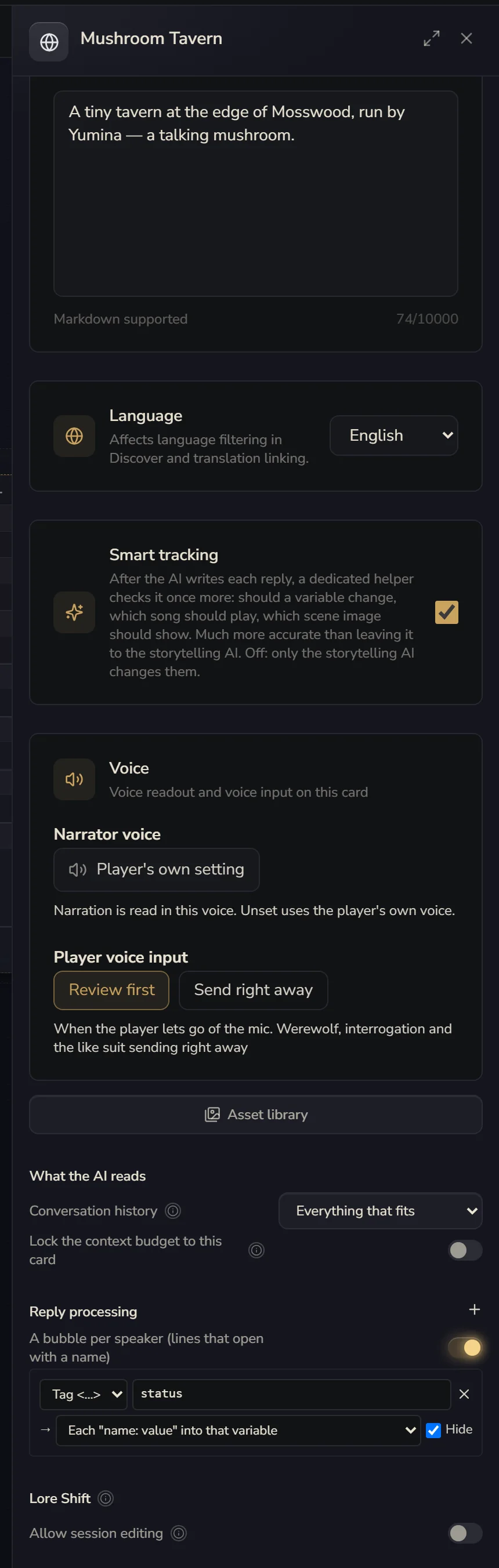 Card settings: scroll down for Reply processing