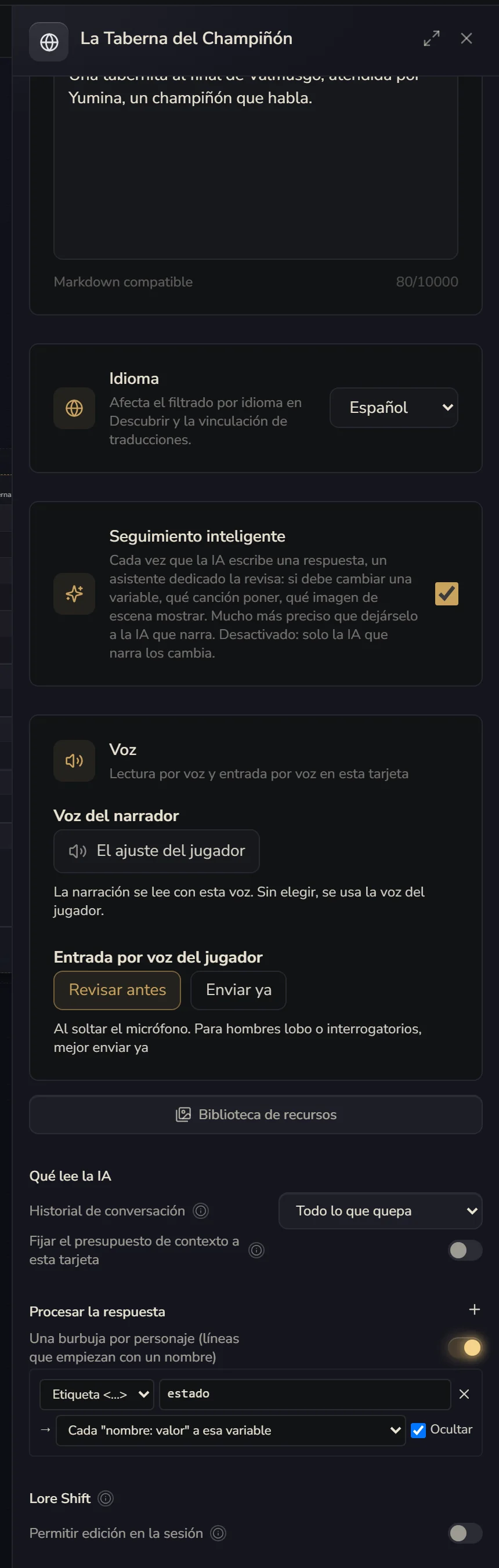 Ajustes de la carta: bajando un poco está Procesar la respuesta