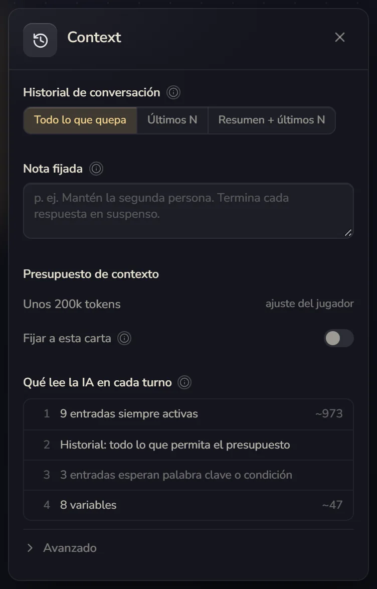 Context: historial de conversación, nota fijada, presupuesto de contexto y qué lee la IA en cada turno