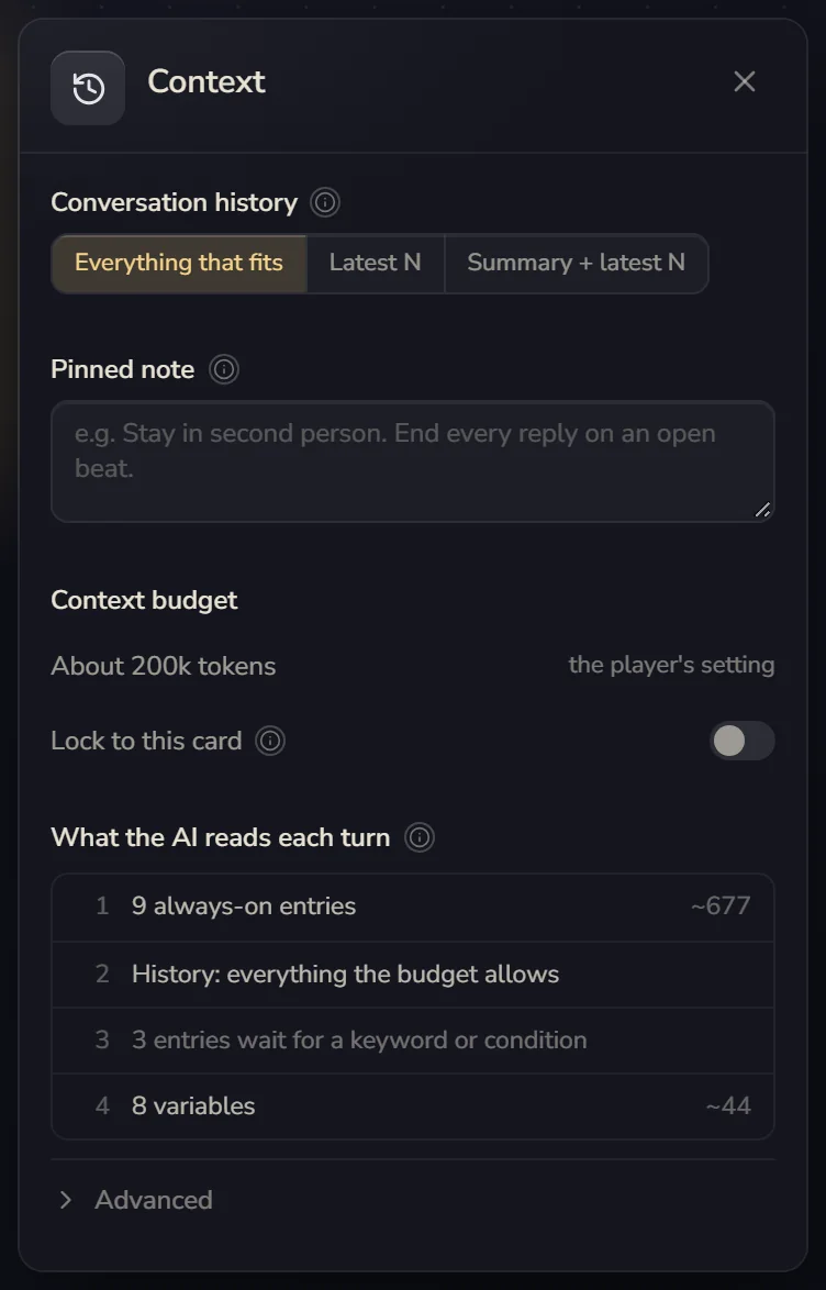 Context: conversation history, pinned note, context budget and what the AI reads each turn