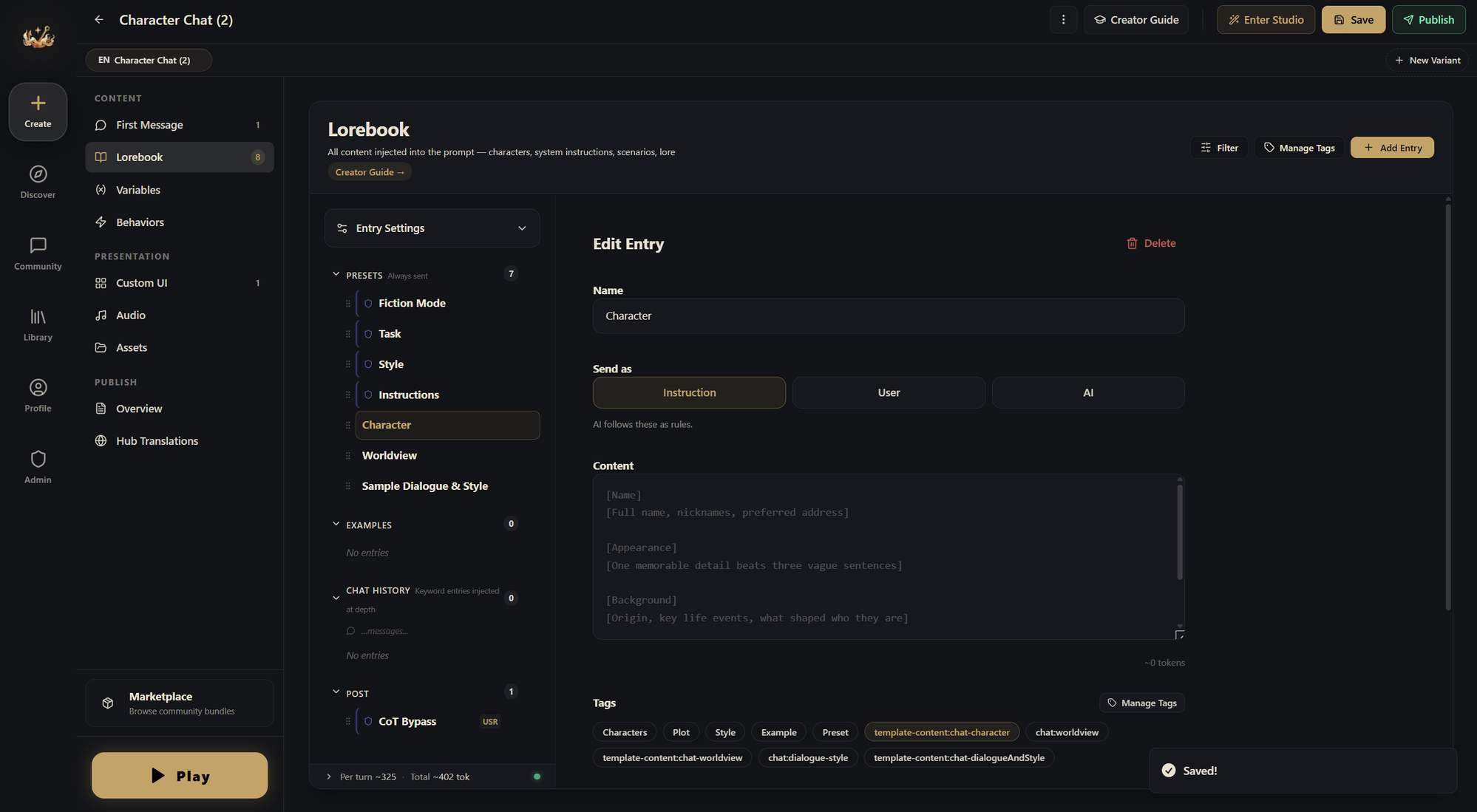 Sección Lorebook con grupos PRESETS, EXAMPLES, CHAT HISTORY y POST
