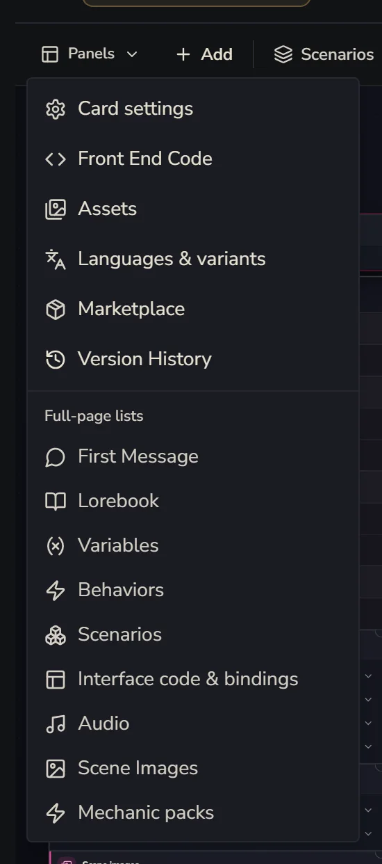 The Panels menu