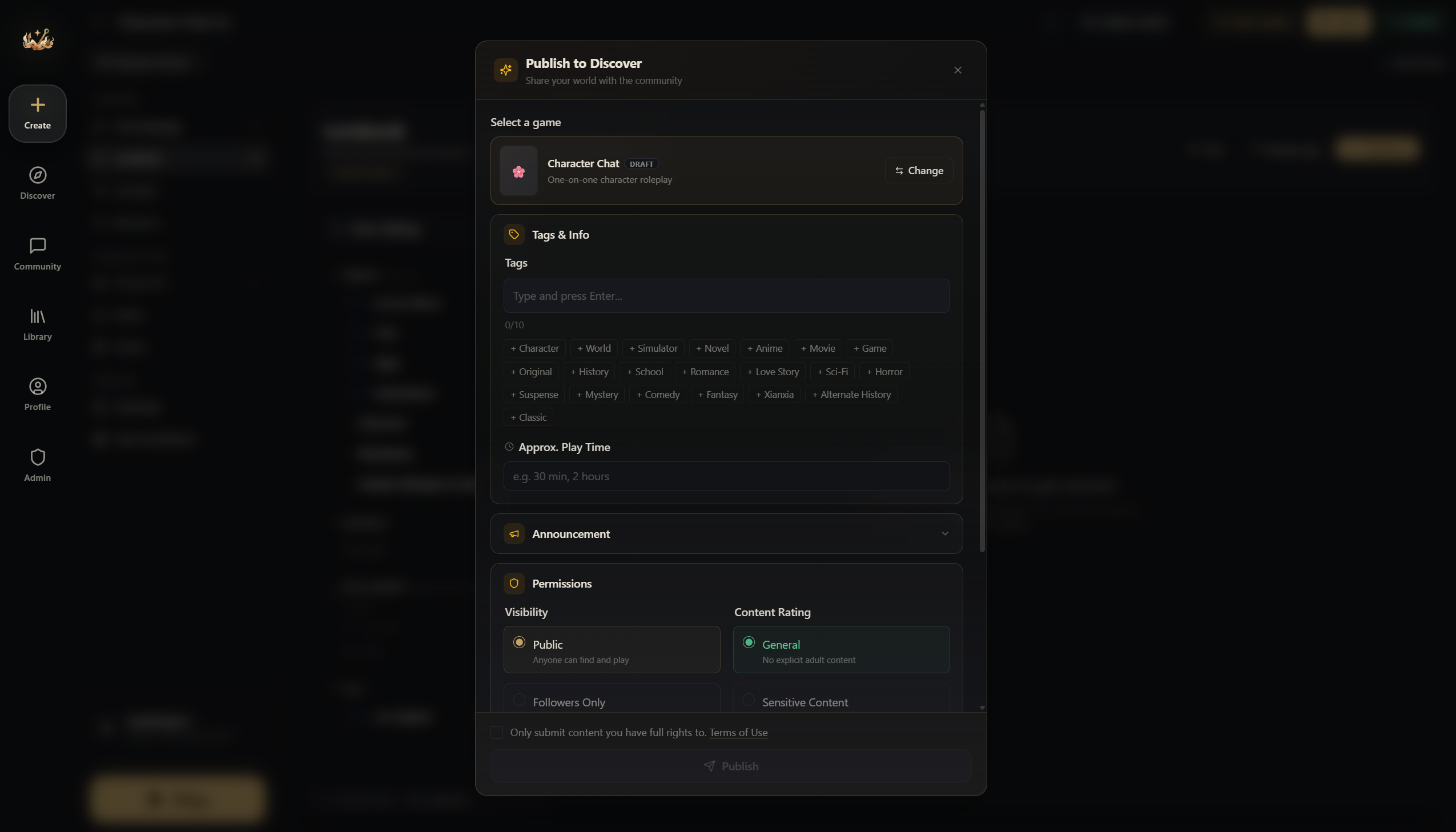Diálogo Publish to Discover con etiquetas, tiempo de juego, visibilidad y clasificación de contenido